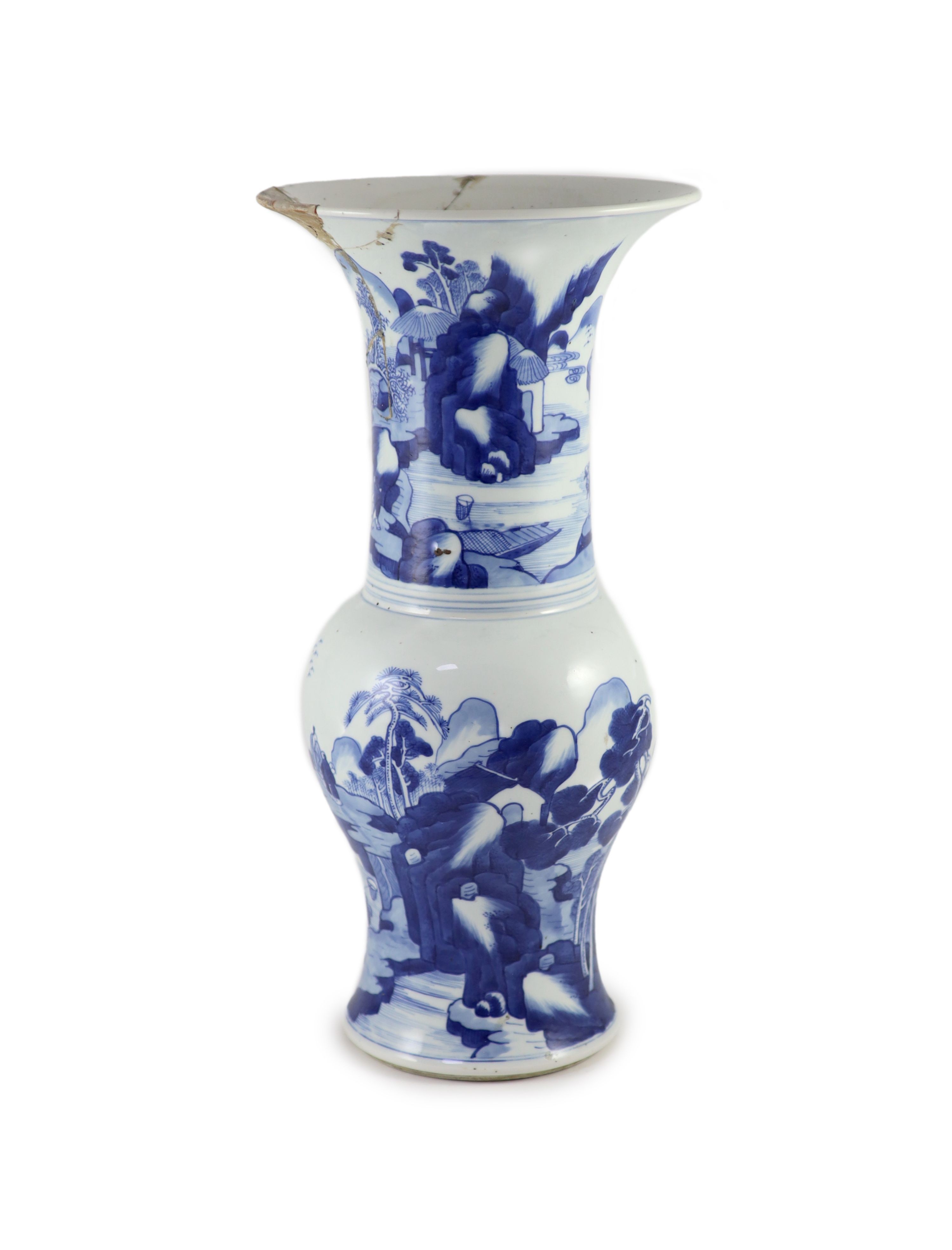 A Chinese blue and white yen-yen vase, Kangxi period (1662-1722), 45 cm high, damage to neck